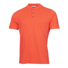 Calvin Klein Golf coral short sleeve polo shirt with henley neckline and button placket, tonal logo detail on sleeve