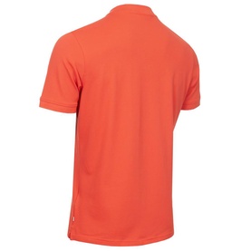 Model wearing Calvin Klein Golf coral short-sleeve polo shirt, back view, plain design with small logo tab at hem