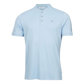 Calvin Klein Golf sky blue short-sleeve henley polo shirt with CK logo and sleeve branding, three-button placket
