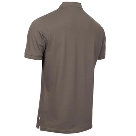 Taupe short-sleeve polo shirt, rear view, ribbed collar and cuffs, plain back, relaxed fit