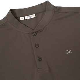 Calvin Klein khaki polo shirt with mandarin collar, button placket, and embroidered CK logo