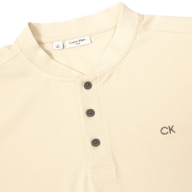 Calvin Klein cream henley T-shirt with grey button placket and embroidered CK logo, close-up detail shot