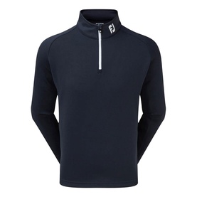 FootJoy navy quarter-zip golf pullover with white zip pull, ribbed collar, and FJ logo on chest
