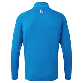 Footjoy cobalt blue quarter-zip golf pullover, back view, showing FJ logo, raglan sleeves and stretch fabric panel details.