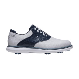 FootJoy men's golf shoe in white and navy blue leather with saddle detail, spiked sole, and white laces