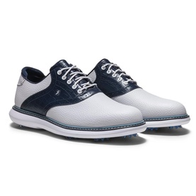 Footjoy men's golf shoes in white and navy blue leather, saddle detail, spiked white sole, lace-up style