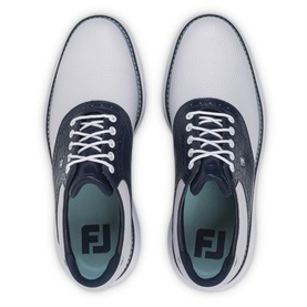 Footjoy men's golf shoes in white and navy blue, two-tone leather upper with white laces, FJ logo on insole, top-down view