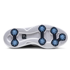 Footjoy men's golf shoe sole in white and navy blue, showing spiked outsole with blue cleat inserts and ribbed traction pattern.