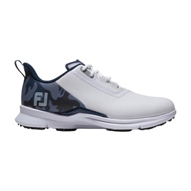 FootJoy golf shoe in white and navy camo, featuring FJ branding, lace closure, and white rubber sole