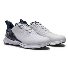 FootJoy golf shoes in white and navy, featuring camo heel panel, FJ logo, lace-up design, and spiked white sole