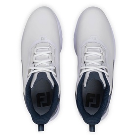 FootJoy golf shoes in white and navy, top-down view showing lace-up front, FJ logo on heel counter, and white sole