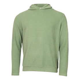Calvin Klein Golf sage green textured knit hoodie with long sleeves and kangaroo pocket, laid flat on white background