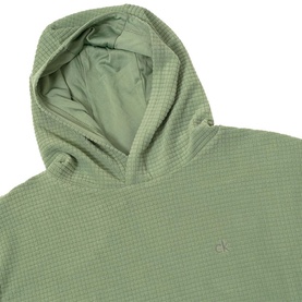 Calvin Klein Golf sage green textured pullover hoodie, close-up detail showing hood and logo embroidery on chest