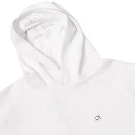 Calvin Klein Golf white hoodie, close-up of hood and chest logo detail, textured fabric finish.