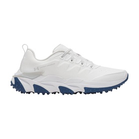 Under Armour men's golf shoe in White 101, featuring navy blue spiked outsole, mesh upper, and lace fastening.