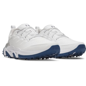 Under Armour men's golf shoes in white with navy blue spiked outsole, white laces, and mesh upper detailing