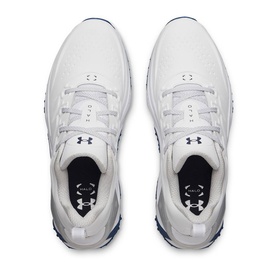 Under Armour men's golf shoes in White 101, top-down view showing lace-up fastening, perforated upper and navy heel branding