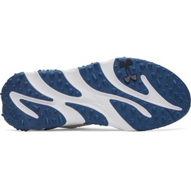 Under Armour men's golf shoe sole in white and blue, showing textured rubber outsole with traction nubs and Under Armour logo.