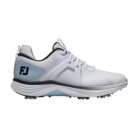 Footjoy mens golf shoe in white, blue and black with spiked sole and FJ branding on side panel