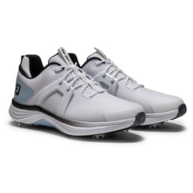 FootJoy men's golf shoes in white, blue and black with spiked sole, lace-up design and padded collar, shown as a pair