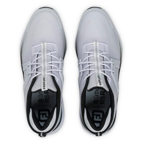 Footjoy men's golf shoes in white, blue and black, overhead flat lay showing lace-up design and branded insole detail