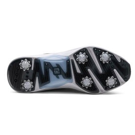 FootJoy men's golf shoe sole in white, blue and black, showing spiked grip pattern and traction lugs.