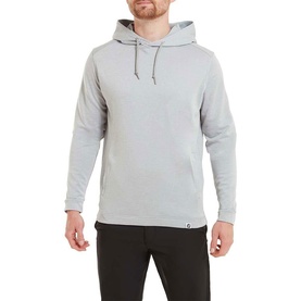Model wearing Footjoy Heather Grey pullover hoodie with drawstring hood, styled with black trousers