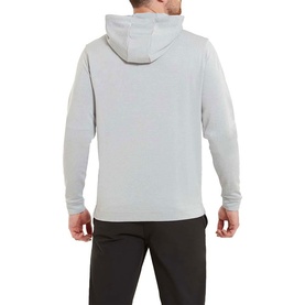 Model wearing Footjoy Heather Grey hoodie, rear view, with dark jogger trousers