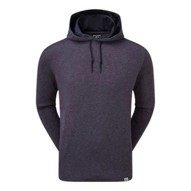 Footjoy heather navy pullover hoodie with drawstring hood and ribbed cuffs, slim fit silhouette