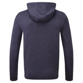 Footjoy hoodie in heather navy, back view, long sleeves and drawstring hood, textured marl knit fabric.