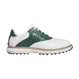 Adidas white and green golf shoe with croc-effect panels, gold detailing, lace-up fastening, and spiked rubber sole
