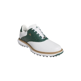 Adidas white and green leather golf shoe with gold detailing, spikeless rubber sole, and Boa-style lacing system