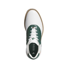 Adidas x BOSS white and green leather golf shoes, overhead view showing lace-up front, perforated detailing and tan outsole