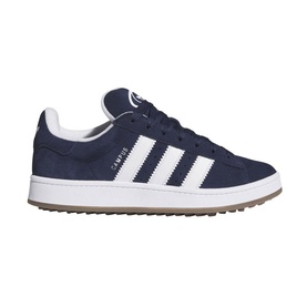 Adidas Campus 00s trainers in navy blue suede with white three stripes, white midsole, and gum rubber outsole
