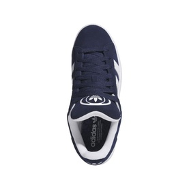Adidas Campus 00s trainer in navy suede, white three-stripe detailing, cushioned insole, white cupsole, overhead view