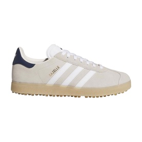 Adidas Golf Gazelle white and night indigo suede golf shoes, white stripes, gum sole, gold branding detail