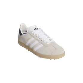 Adidas Golf Gazelle spikeless trainers in White Night Indigo, suede upper, white three stripes, navy heel, gum sole.