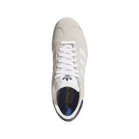 Adidas Golf men's trainer in White Night Indigo, suede upper with navy stripe detail, white laces and blue insole, top-down view.