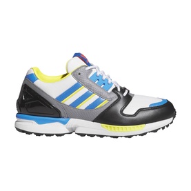 Adidas ZX 8000 trainer in white with blue, yellow and grey panels, black leather overlays and blue sole accent