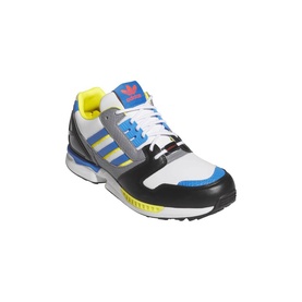 Adidas ZX 8000 trainer in white, black, blue and yellow colourway with grey midsole and red Trefoil logo
