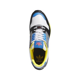Adidas low-top trainer, overhead view, white, blue, yellow and black colourway with white laces and gold Trefoil insole logo