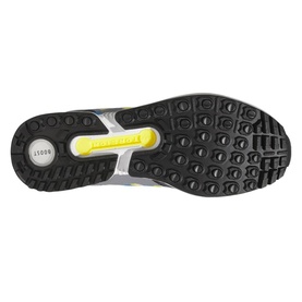 Black and yellow rubber outsole of a trainer, showing multi-directional tread pattern and Reebok branding detail