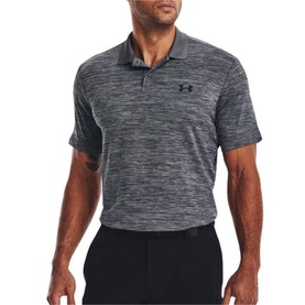 Model wearing Under Armour grey marl polo shirt with ribbed collar, short sleeves, and small logo on chest, styled with black trousers