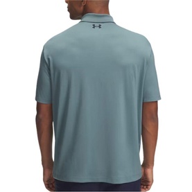 Model wearing Under Armour polo shirt in Jasper Blue, rear view showing UA logo and contrast collar detail