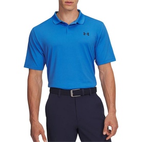 Model wearing blue Under Armour polo shirt with small chest logo, styled with navy trousers and black belt