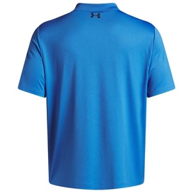 Under Armour blue short-sleeve polo shirt, back view, with contrast logo detail at nape and subtle texture finish