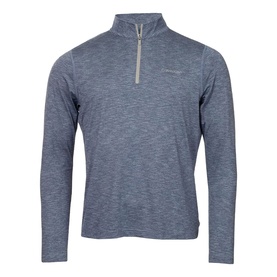 Navy marl long-sleeve quarter-zip pullover with grey zip and stand collar, lightweight fabric with subtle texture