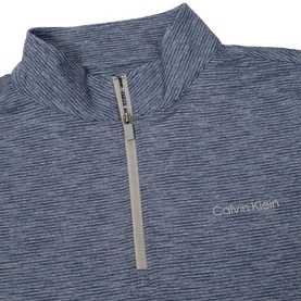 Calvin Klein navy blue fine stripe quarter-zip pullover, silver zip and logo detail, mock neck collar