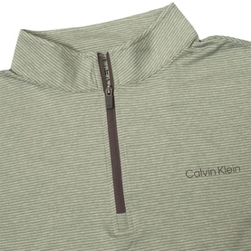 Calvin Klein sage green fine stripe quarter-zip top with dark zip pull and logo lettering at chest