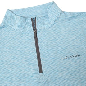 Calvin Klein Golf sky blue marl half-zip pullover top with grey zip and funnel neck, close-up detail view